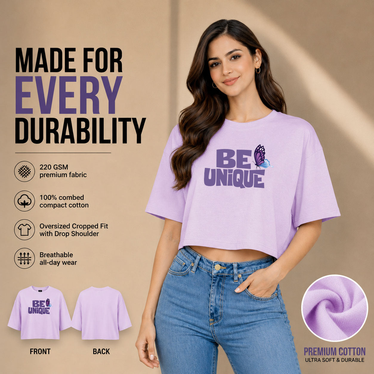 Women’s Oversized Half Sleeve Crop Top - Be Unique (220 GSM Interlock Fabric)