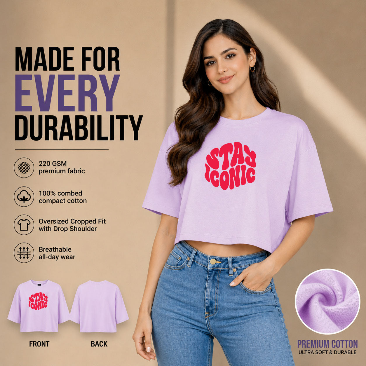 Women’s Oversized Half Sleeve Crop Top - Stay Iconic (220 GSM Interlock Fabric)