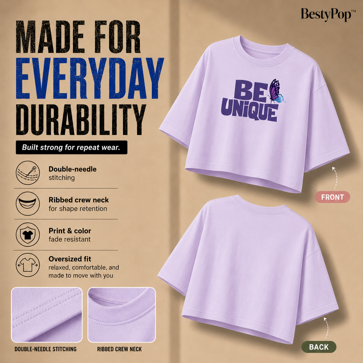 Women’s Oversized Half Sleeve Crop Top - Be Unique (220 GSM Interlock Fabric)