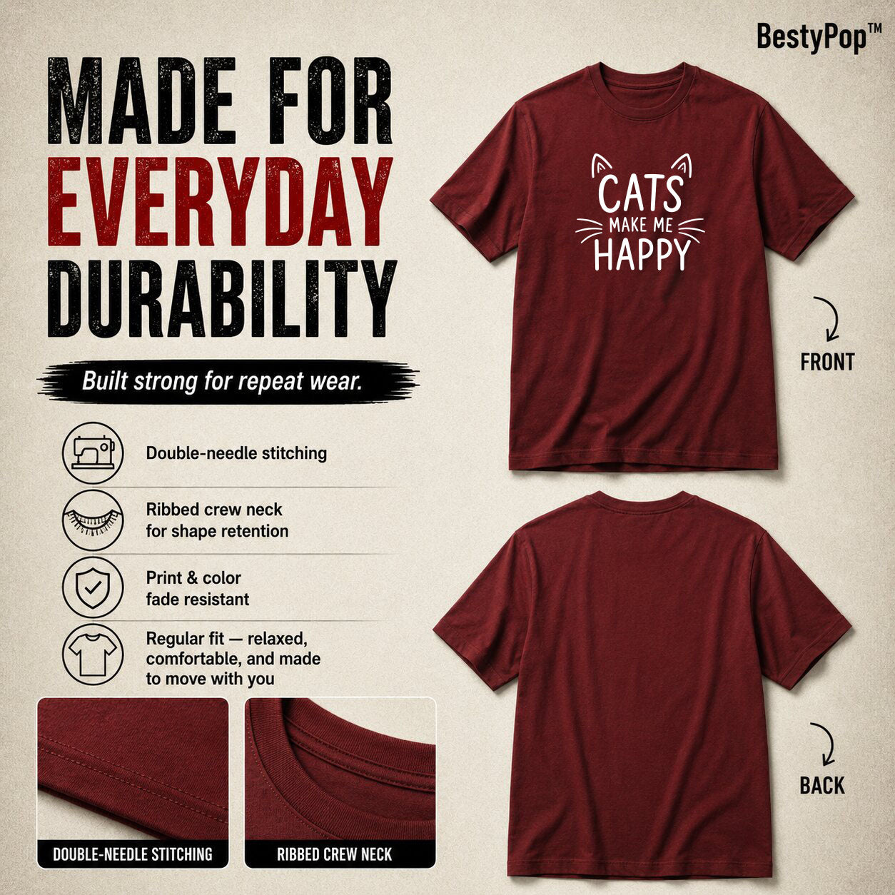 Cat Lover's Round Neck T-Shirts For Women - Happy Cats - (170 GSM) single jersey
