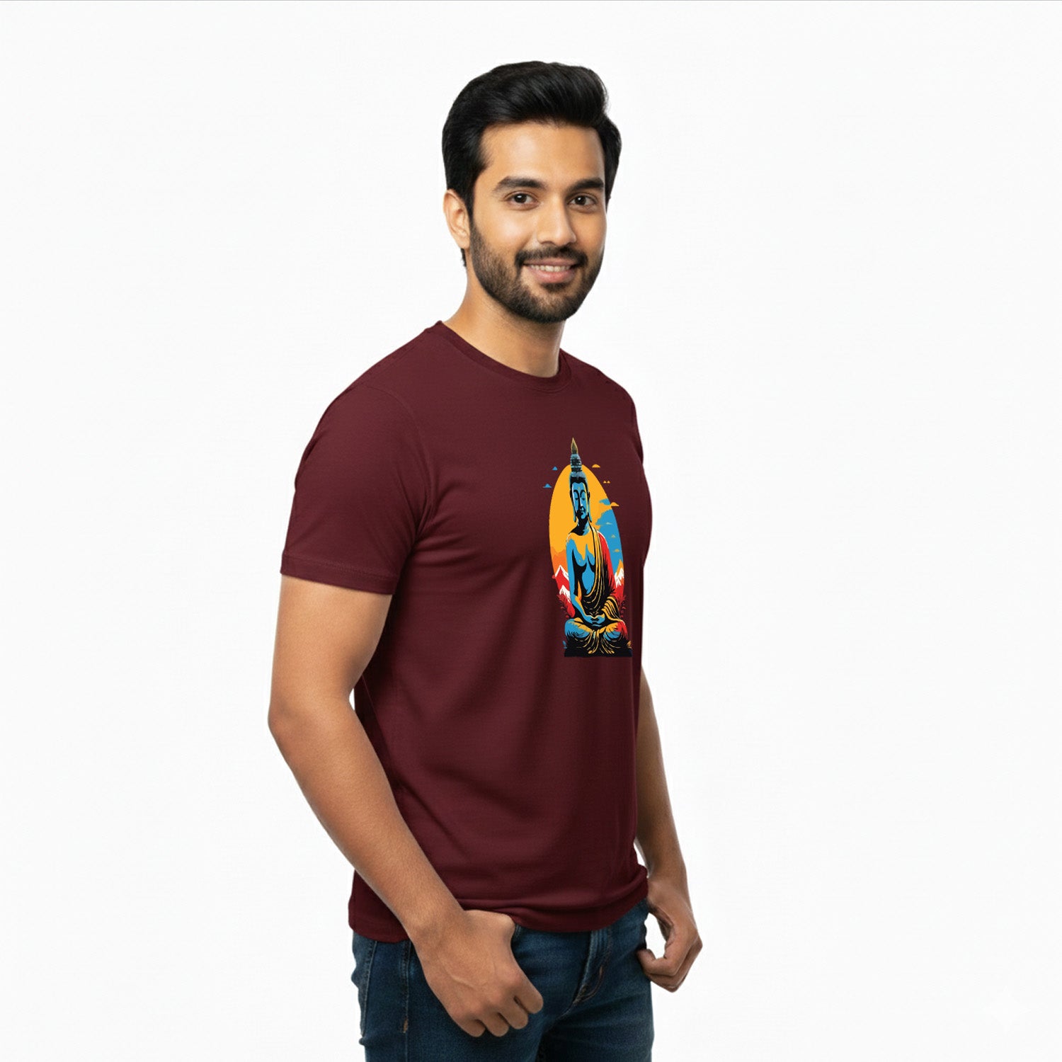Men’s Graphic Print Round Neck T-Shirt- Buddha (170 GSM single jersey)