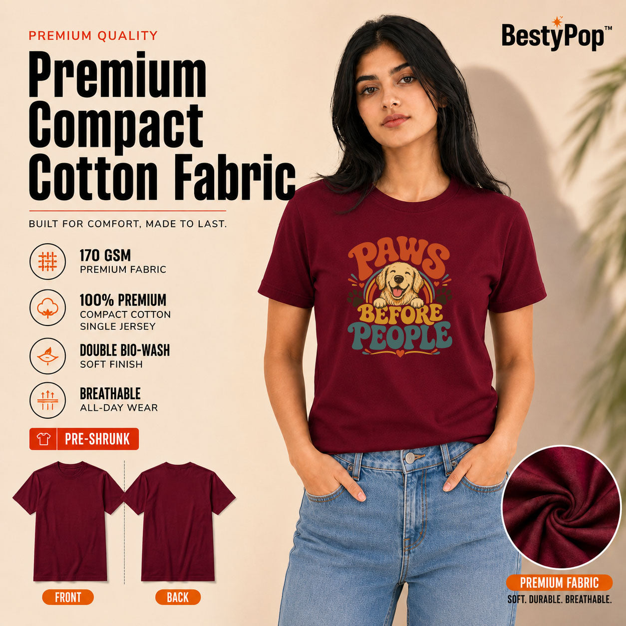 Dog Lover's Round Neck T-Shirts For Women - Happy Paws - (170 GSM) single jersey