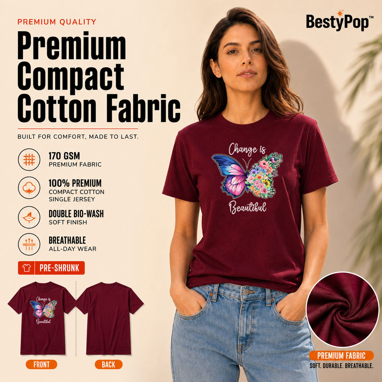 Women's Crew Neck t-shirt - Change is beautiful (170 GSM single jersey)
