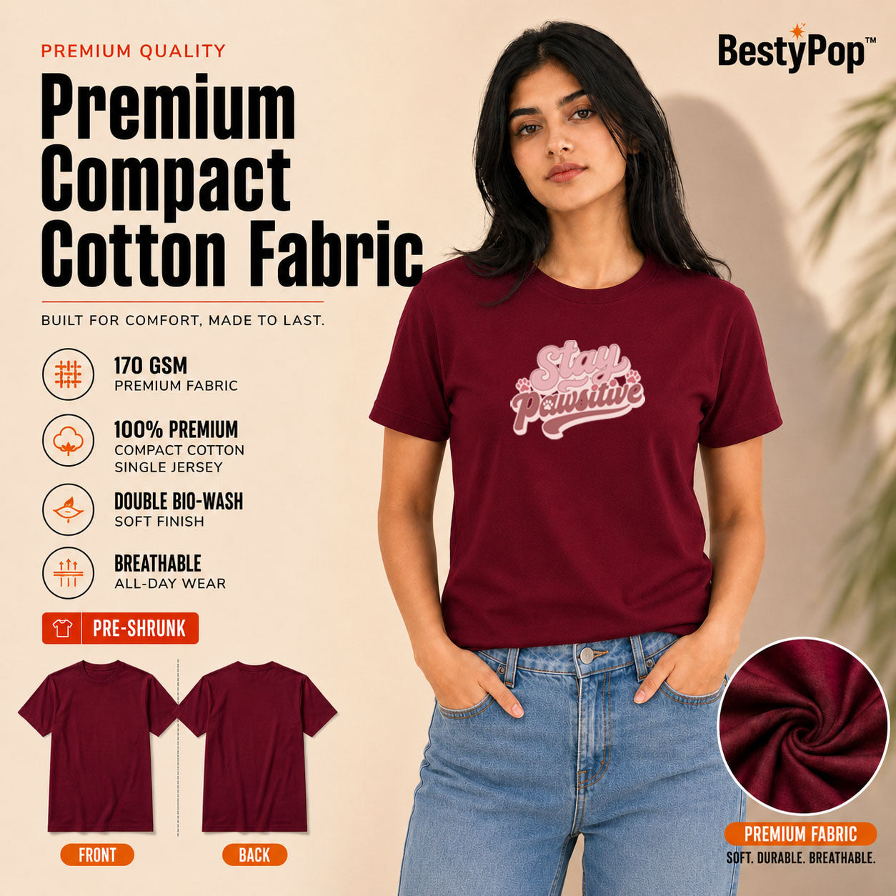 Dog Lover's Round Neck T-Shirts For Women - Stay Pawsitive - (170 GSM) single jersey