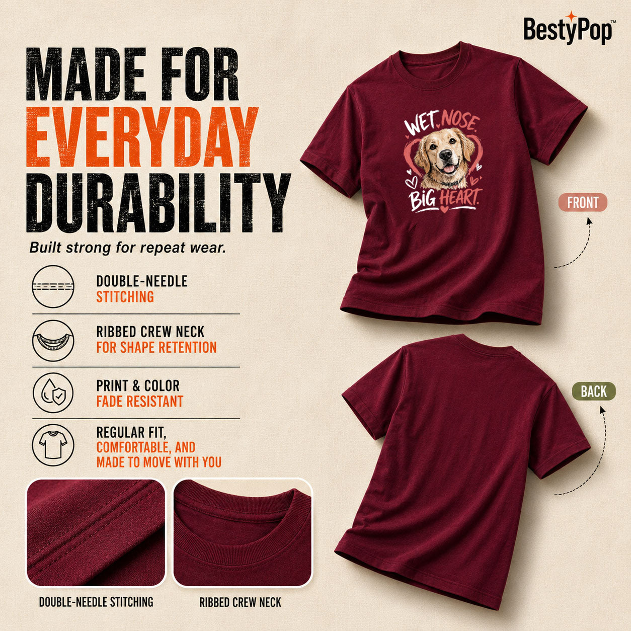 Dog Lover's Round Neck T-Shirts For Women - Big Heart - (170 GSM) single jersey