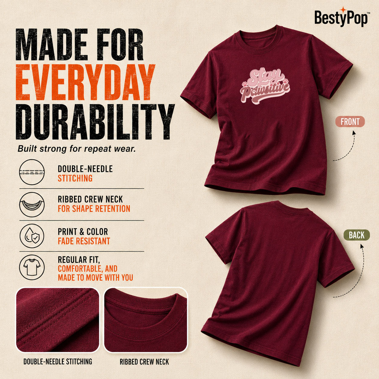 Dog Lover's Round Neck T-Shirts For Women - Stay Pawsitive - (170 GSM) single jersey