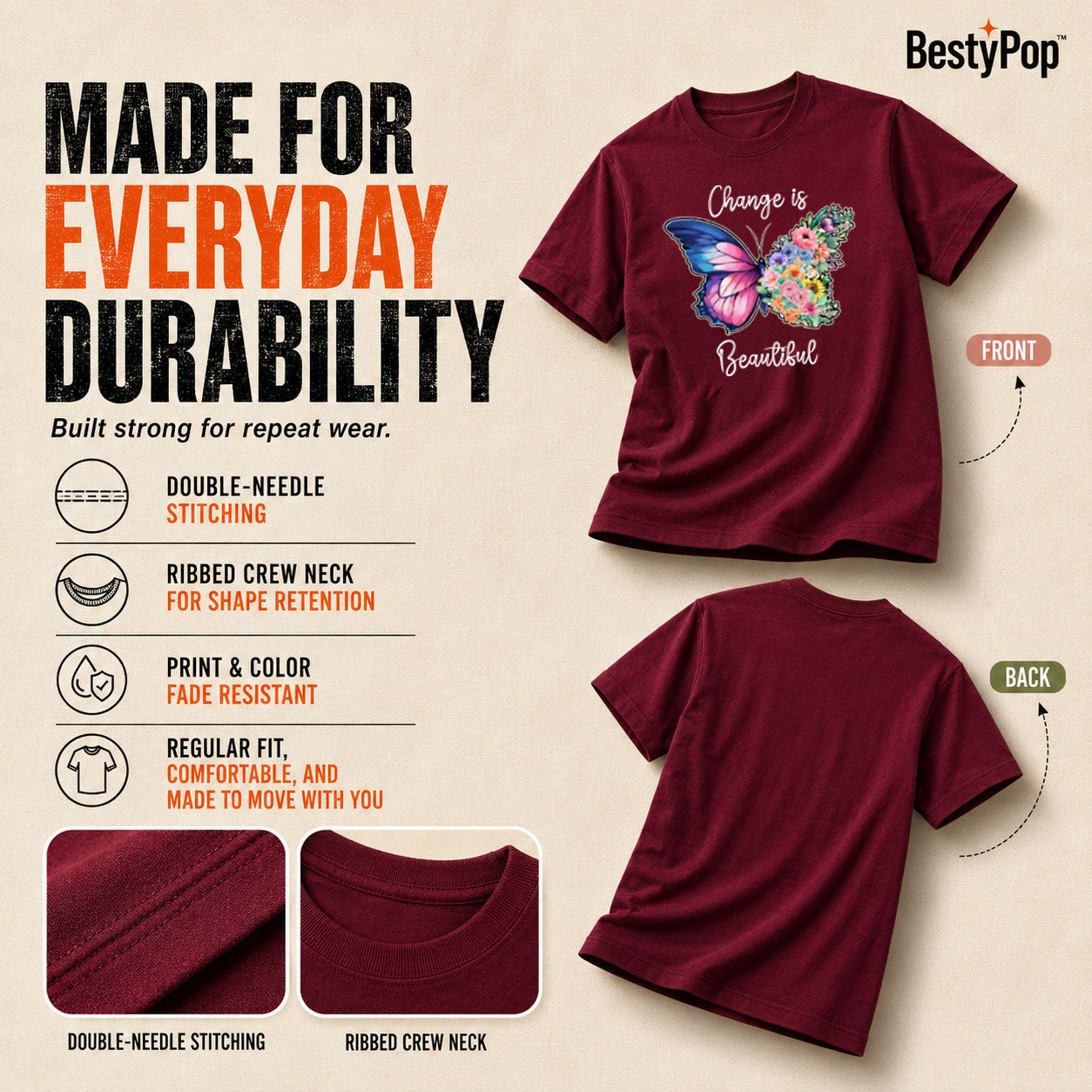 Women's Crew Neck t-shirt - Change is beautiful (170 GSM single jersey)