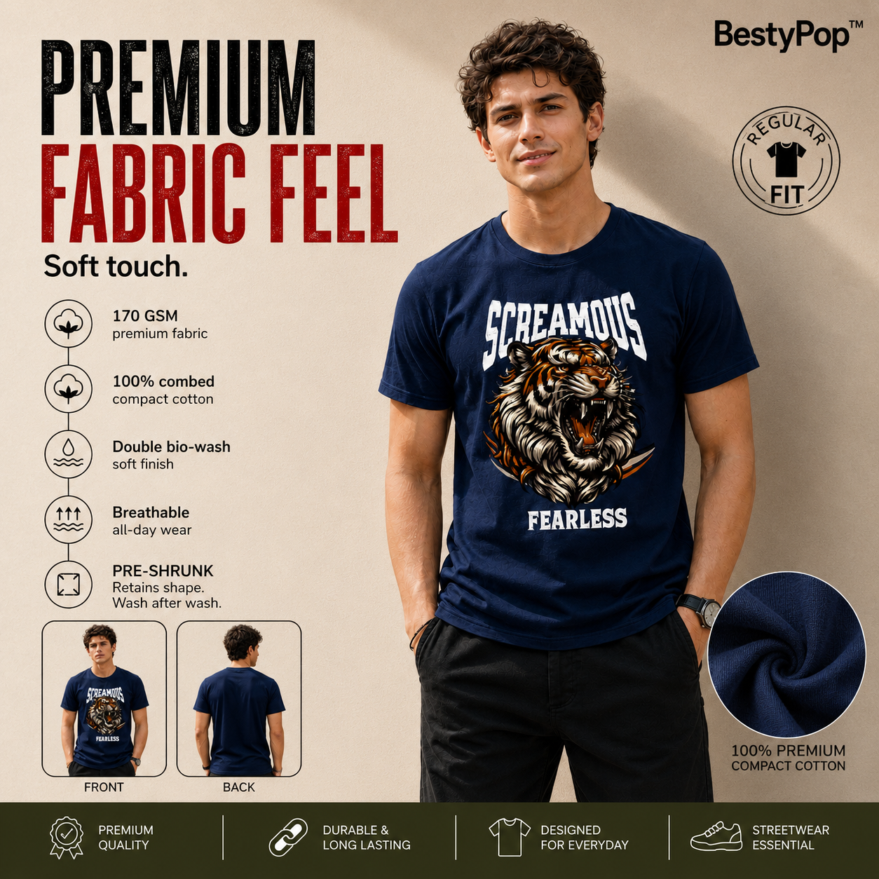 Men's Crew Neck t-shirt - Fearless (170 GSM single jersey)