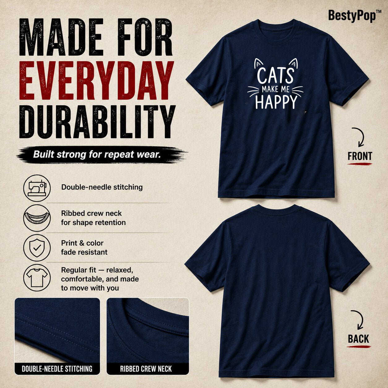 Cat Lover's Round Neck T-Shirts For Women - Happy Cats - (170 GSM) single jersey