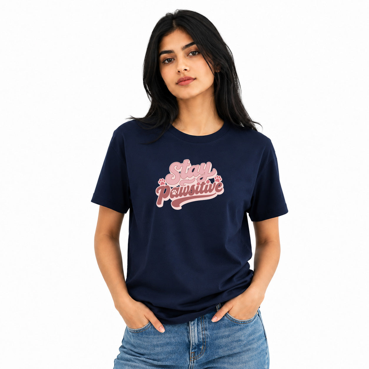 Dog Lover's Round Neck T-Shirts For Women - Stay Pawsitive - (170 GSM) single jersey