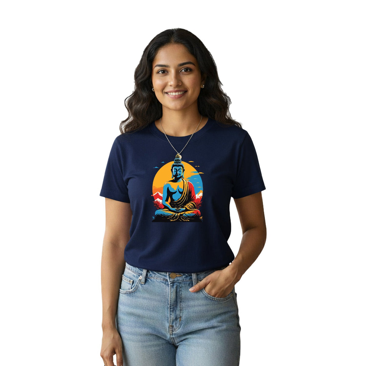 Women’s Graphic Print Round Neck T-Shirt- Buddha (170 GSM single jersey)