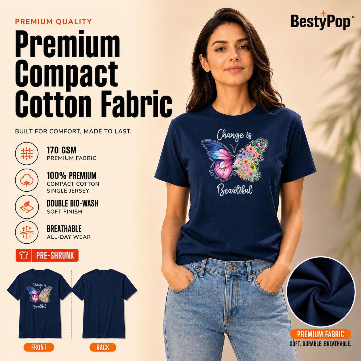 Women's Crew Neck t-shirt - Change is beautiful (170 GSM single jersey)
