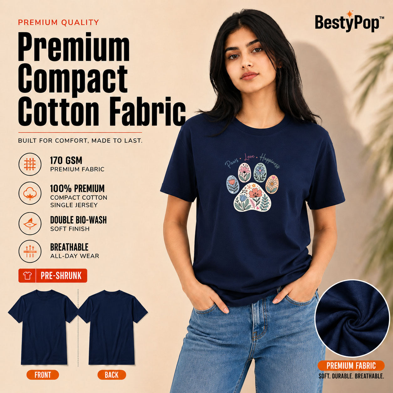 Dog Lover's Round Neck T-Shirts For Women - Paws Love Happiness - (170 GSM) single jersey