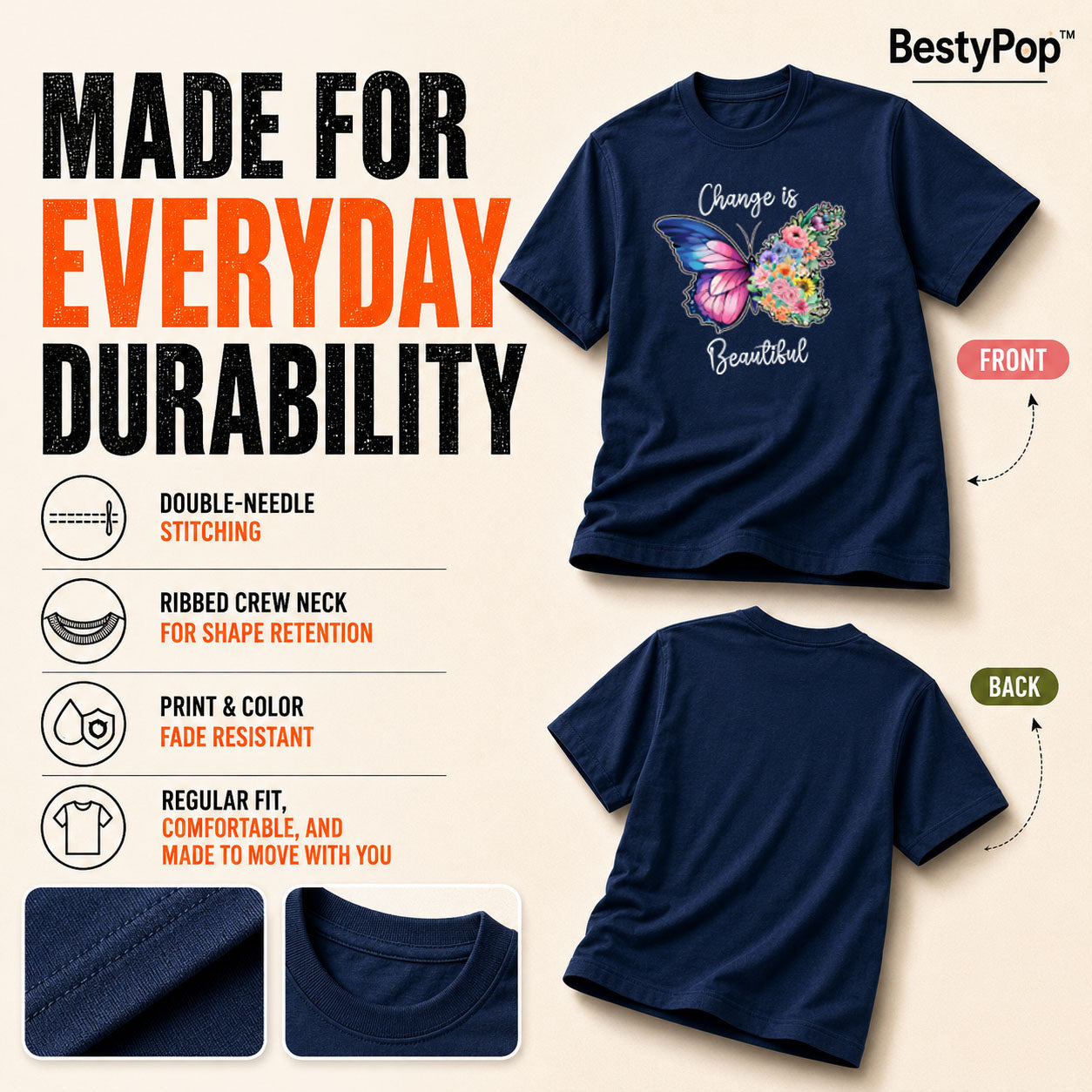 Women's Crew Neck t-shirt - Change is beautiful (170 GSM single jersey)