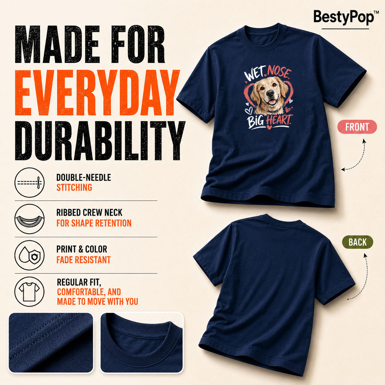 Dog Lover's Round Neck T-Shirts For Women - Big Heart - (170 GSM) single jersey