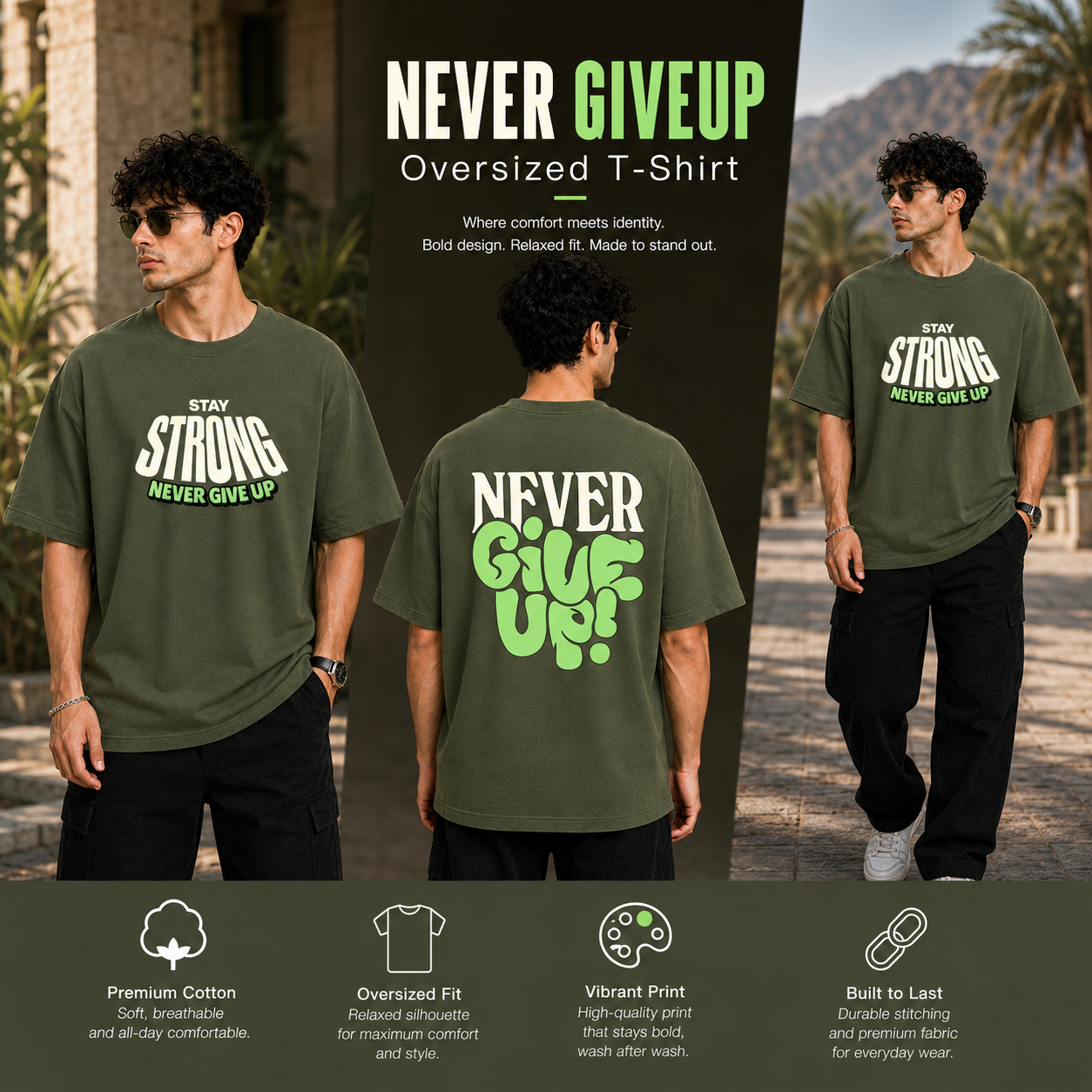 Men’s Oversized T-Shirt - Never Give Up (225 GSM heavyweight fabric)