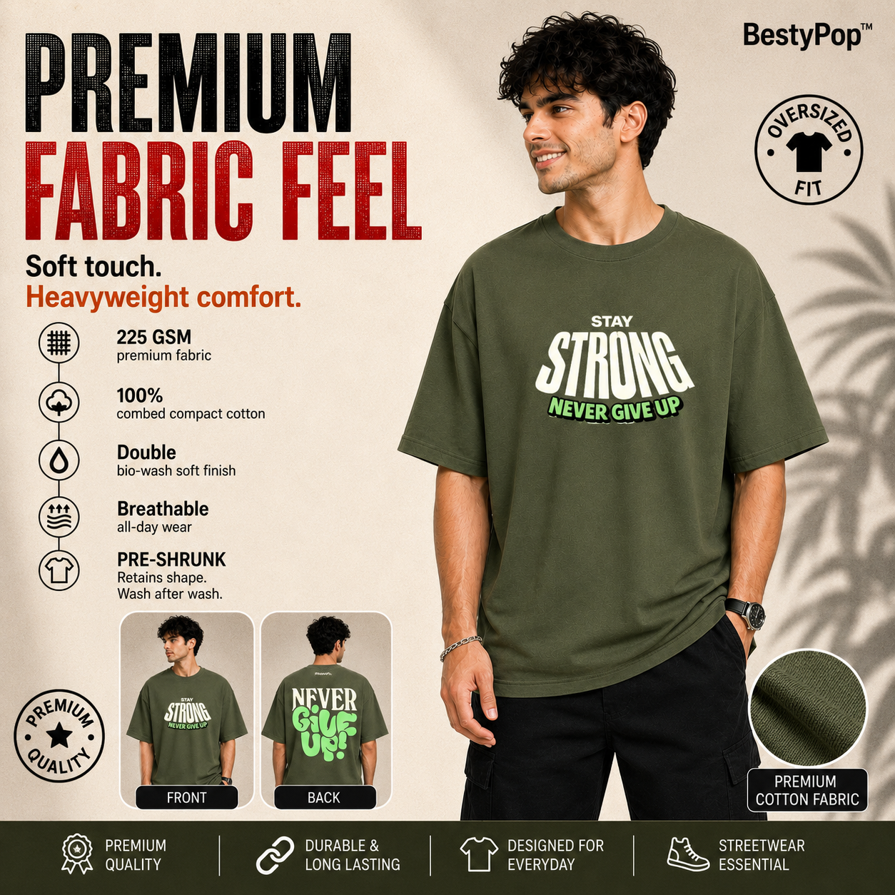 Men’s Oversized T-Shirt - Never Give Up (225 GSM heavyweight fabric)