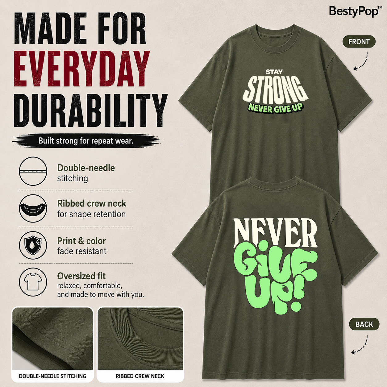 Men’s Oversized T-Shirt - Never Give Up (225 GSM heavyweight fabric)