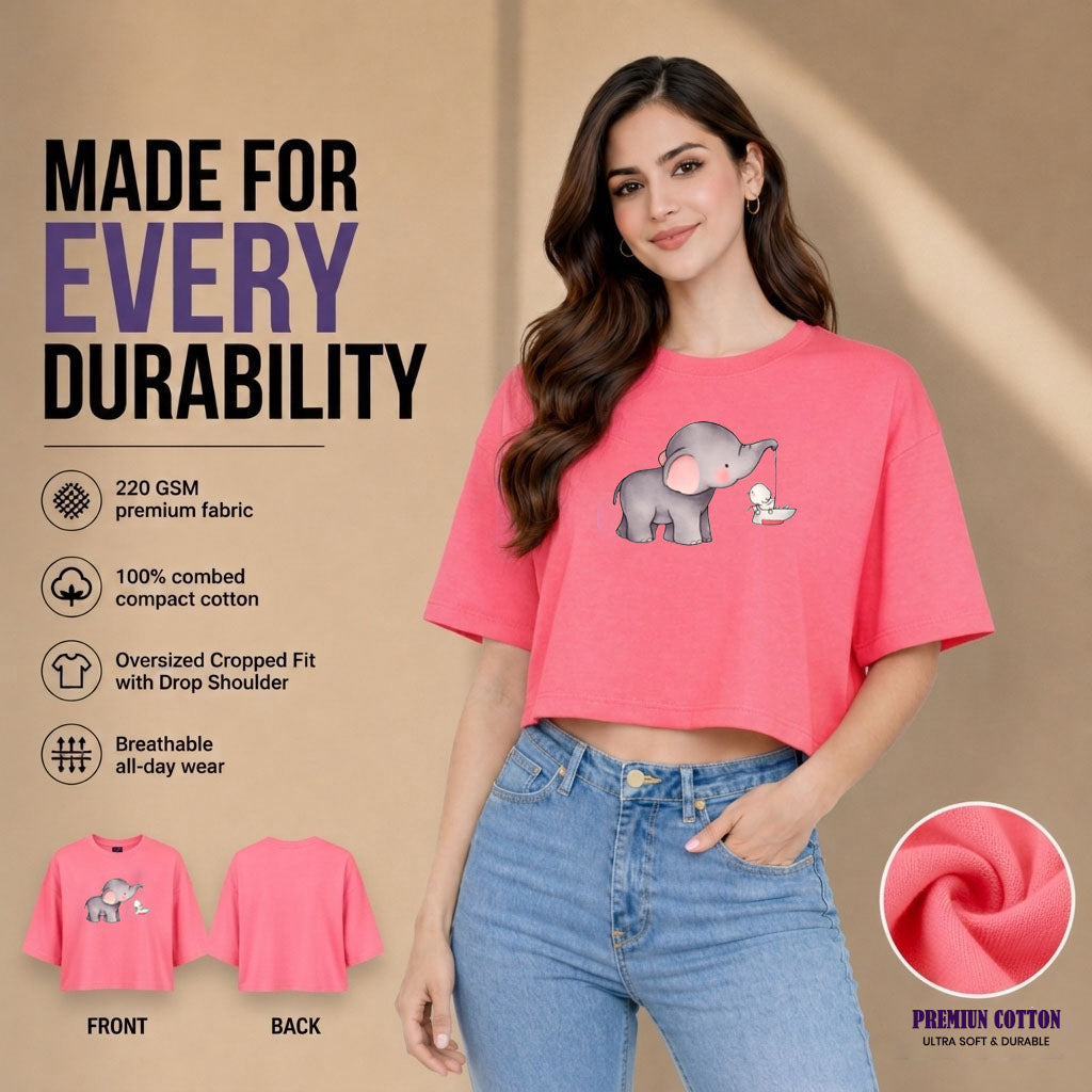 Women’s Oversized Half Sleeve Crop Top - Elephant (220 GSM Interlock Fabric)