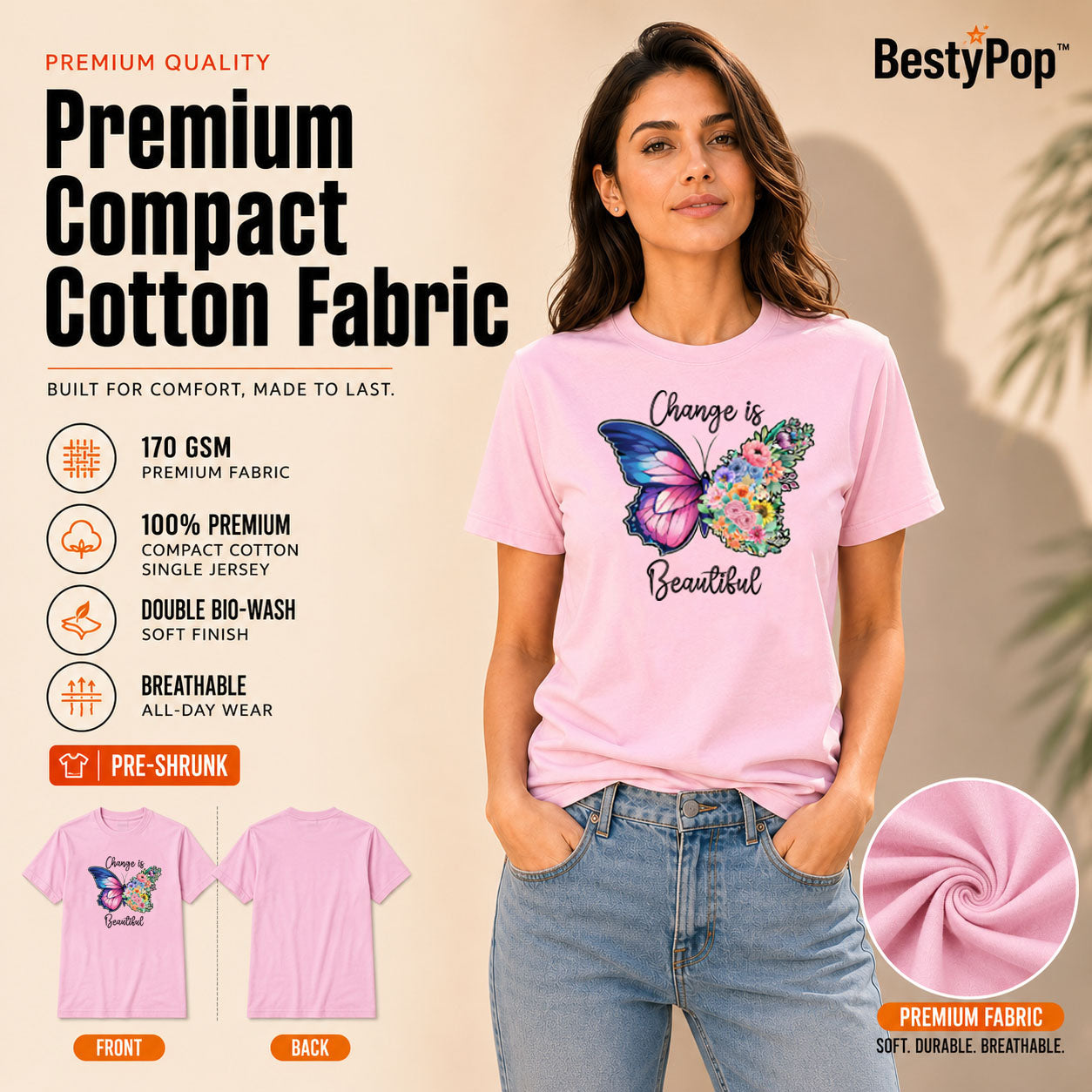 Women's Crew Neck t-shirt - Change is beautiful (170 GSM single jersey)