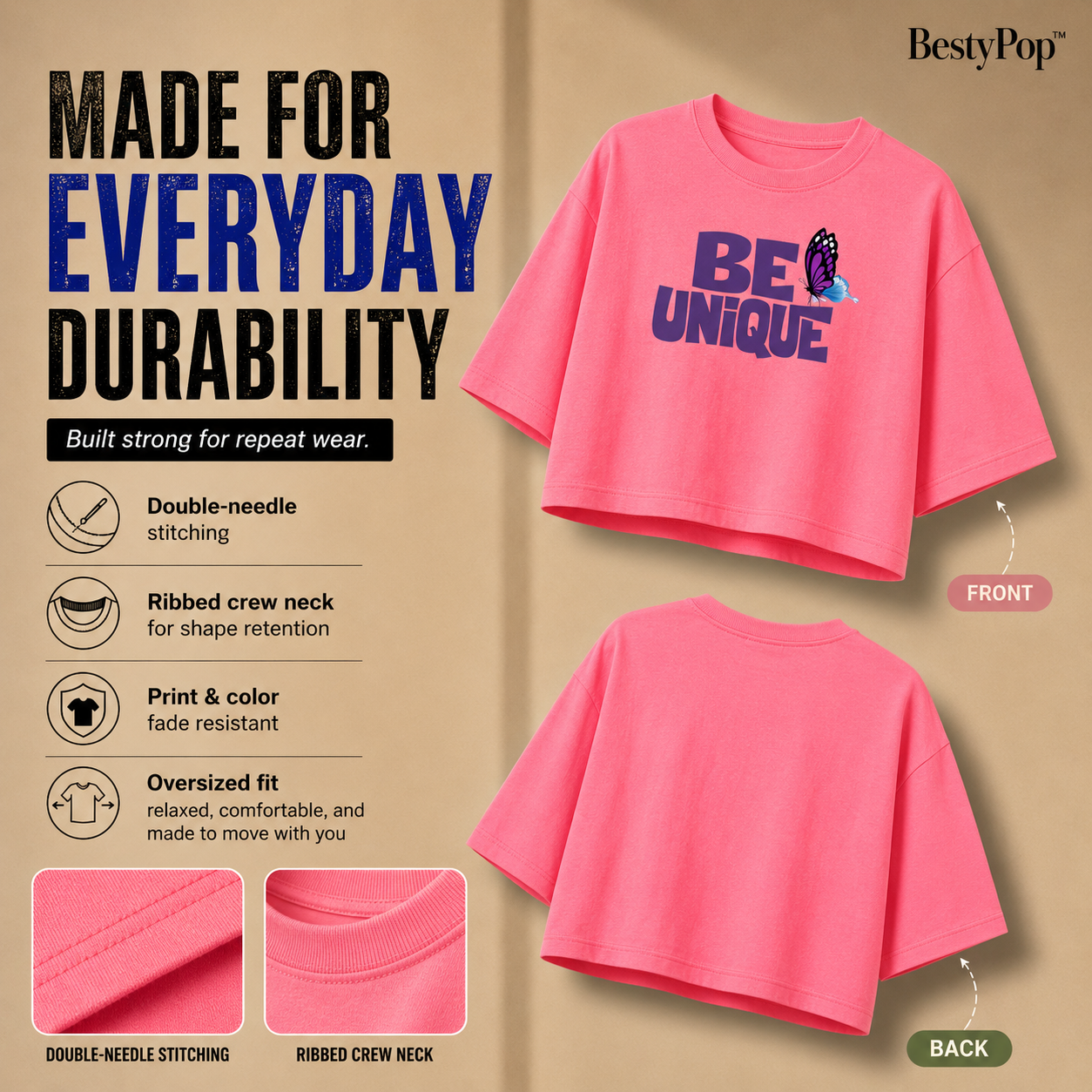 Women’s Oversized Half Sleeve Crop Top - Be Unique (220 GSM Interlock Fabric)