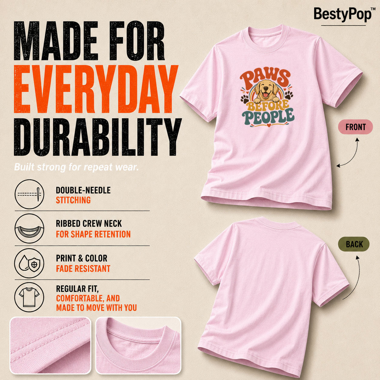 Dog Lover's Round Neck T-Shirts For Women - Happy Paws - (170 GSM) single jersey