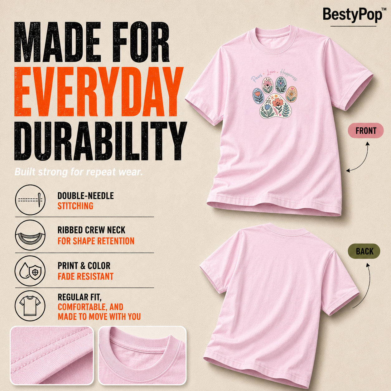 Dog Lover's Round Neck T-Shirts For Women - Paws Love Happiness - (170 GSM) single jersey