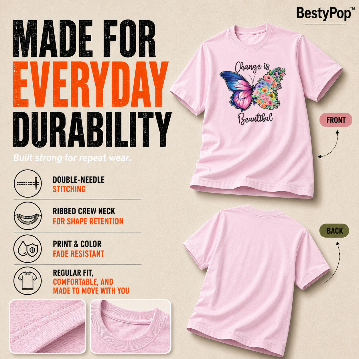 Women's Crew Neck t-shirt - Change is beautiful (170 GSM single jersey)