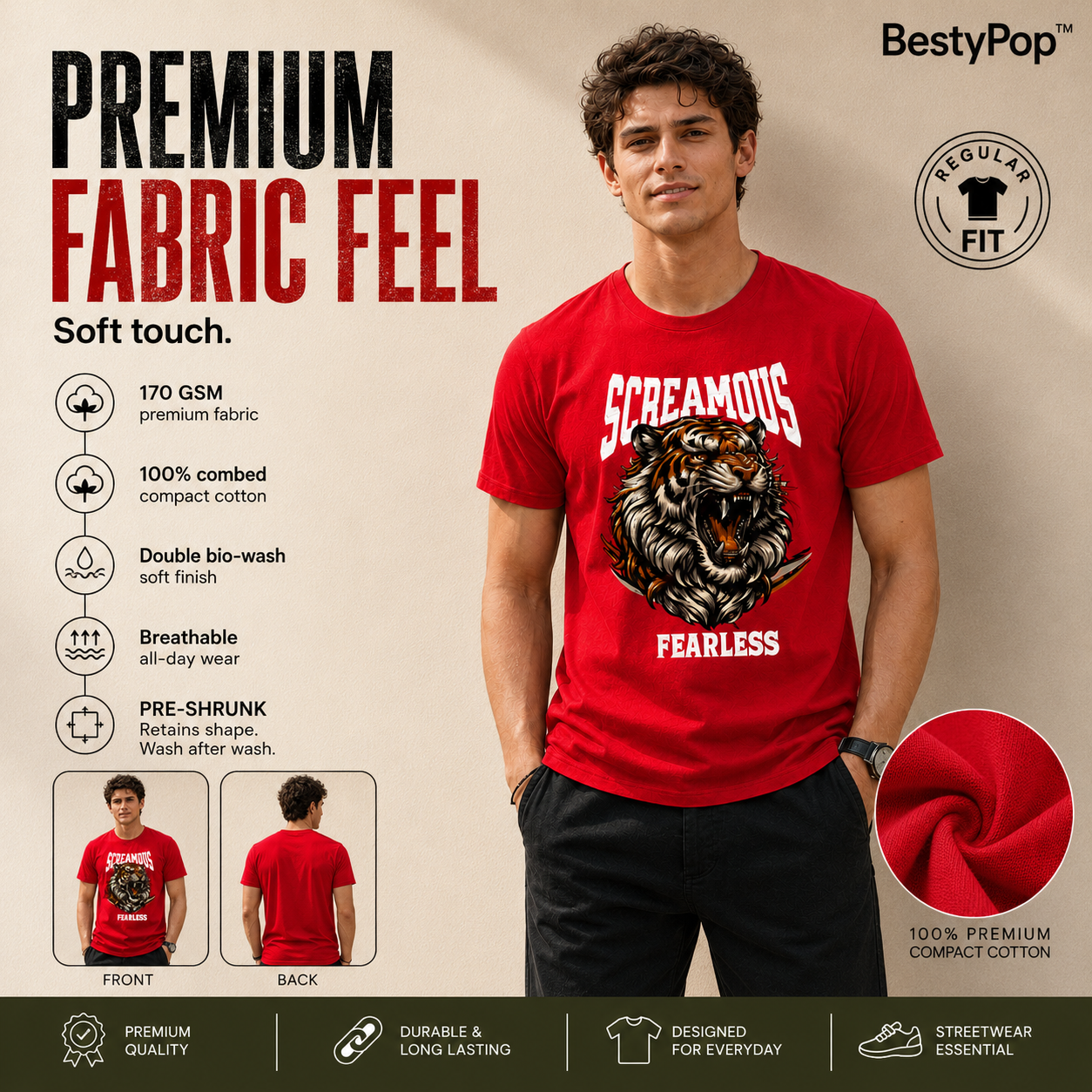 Men's Crew Neck t-shirt - Fearless (170 GSM single jersey)