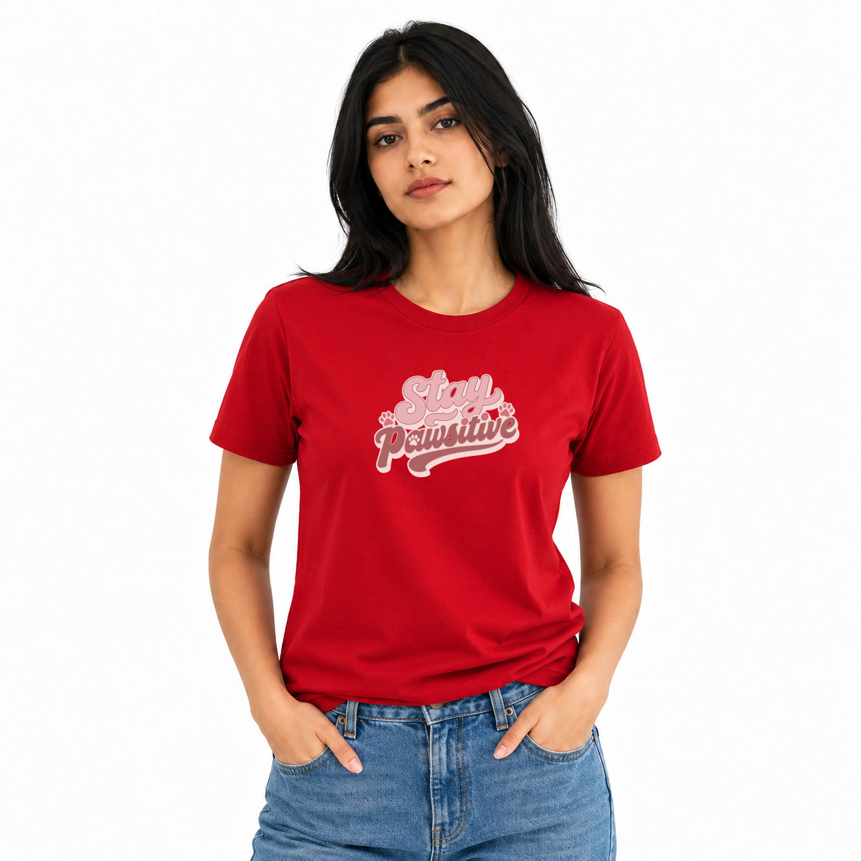 Dog Lover's Round Neck T-Shirts For Women - Stay Pawsitive - (170 GSM) single jersey