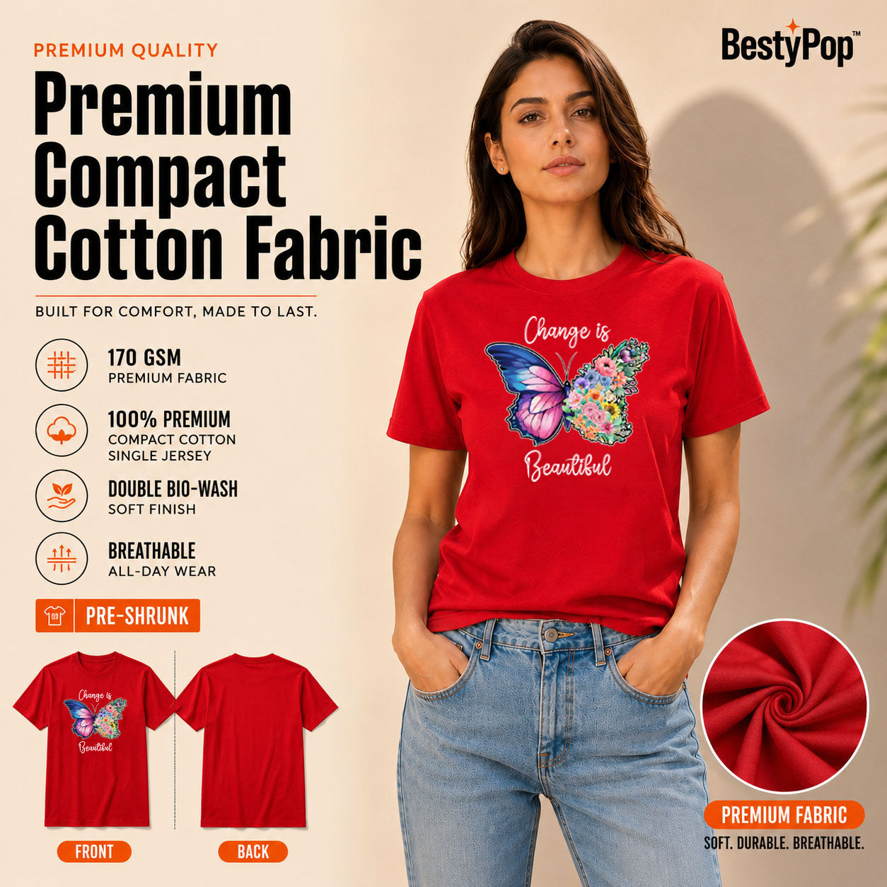 Women's Crew Neck t-shirt - Change is beautiful (170 GSM single jersey)