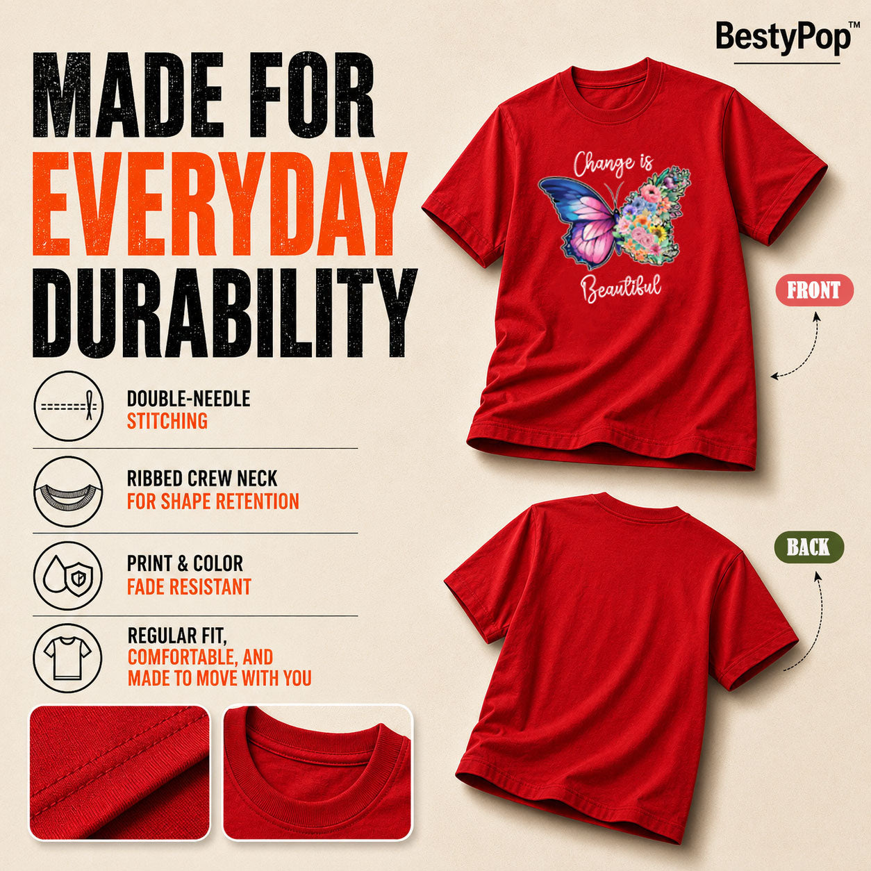 Women's Crew Neck t-shirt - Change is beautiful (170 GSM single jersey)