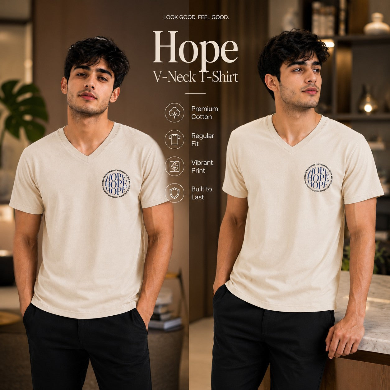 Men’s Graphic Print V-Neck T-Shirt- 190GSM