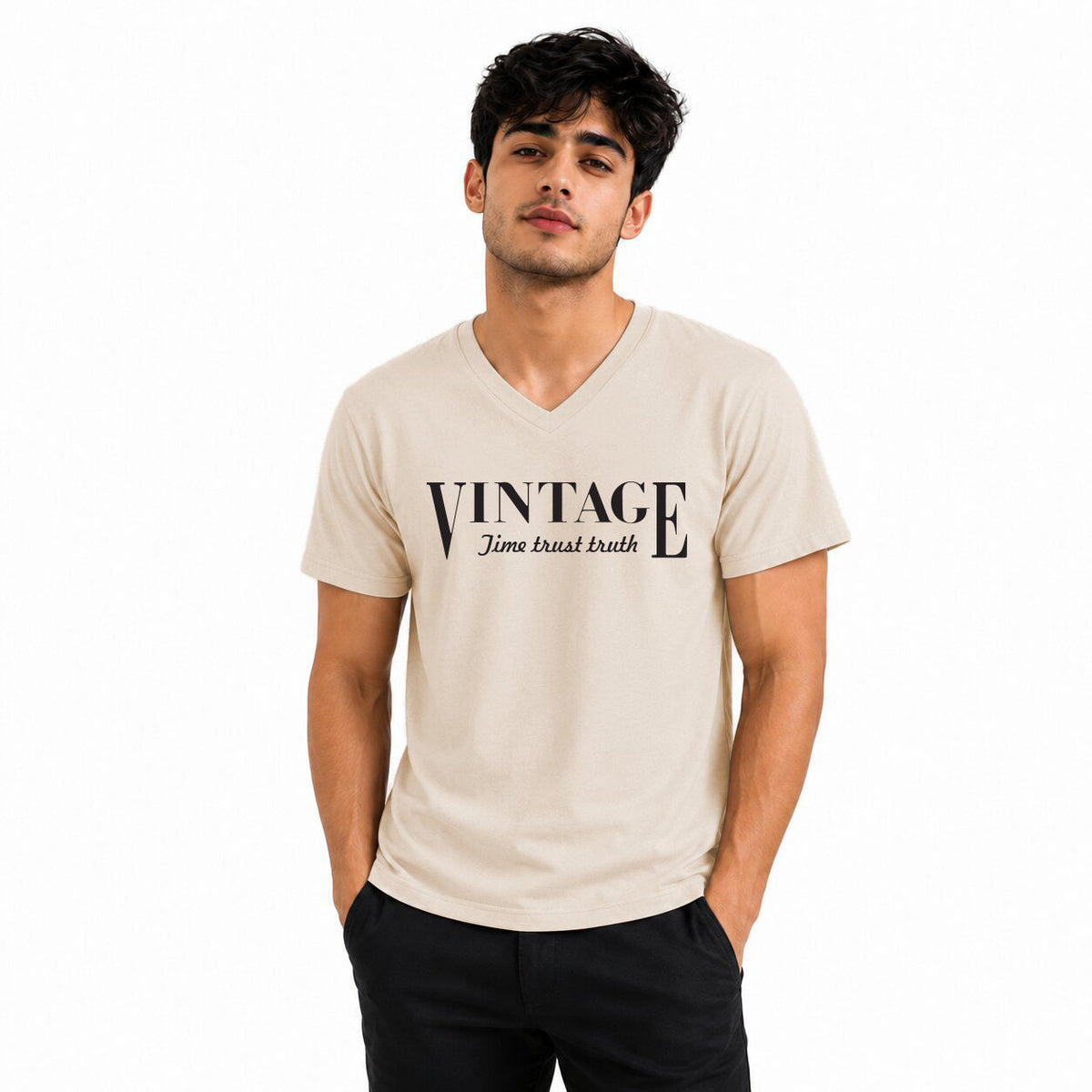 Men’s Graphic Print V-Neck T-Shirt- 190GSM