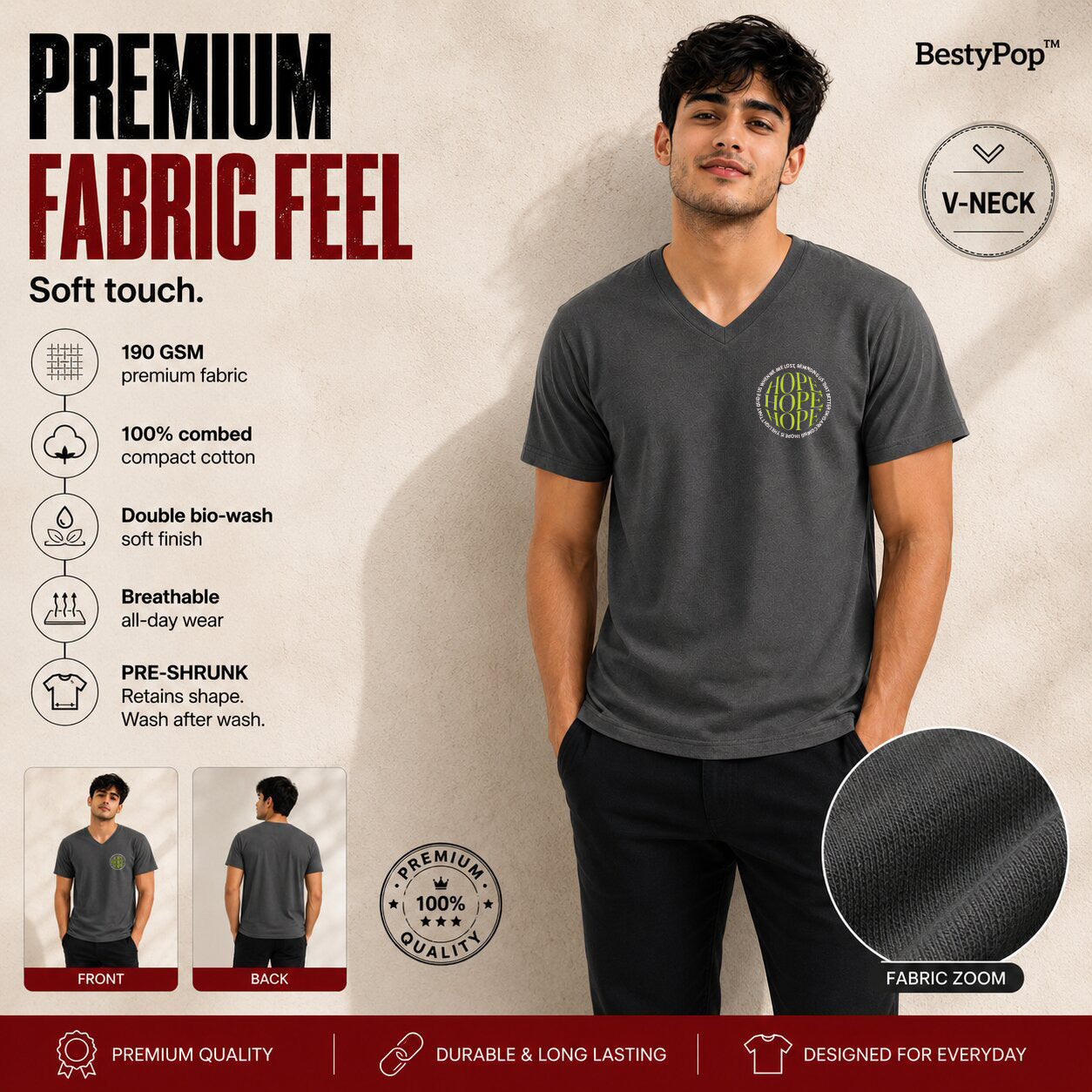 Men’s Graphic Print V-Neck T-Shirt- 190GSM