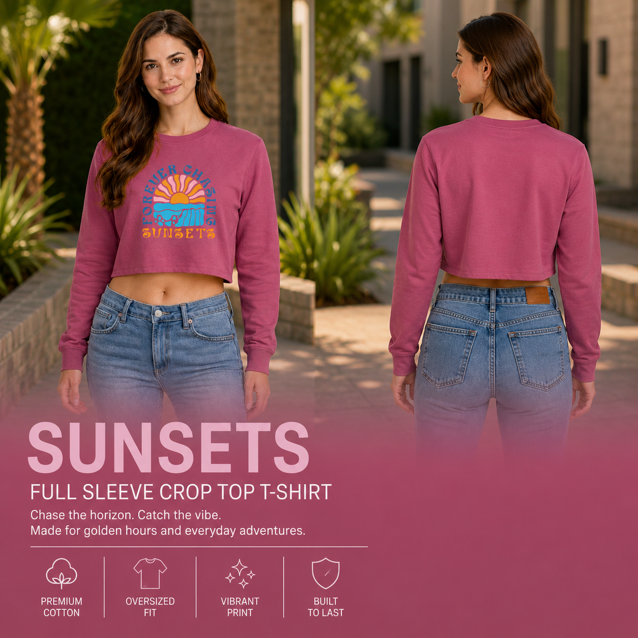 Women’s Oversized full Sleeve Crop Top - Sunsets (270 GSM French Terry)