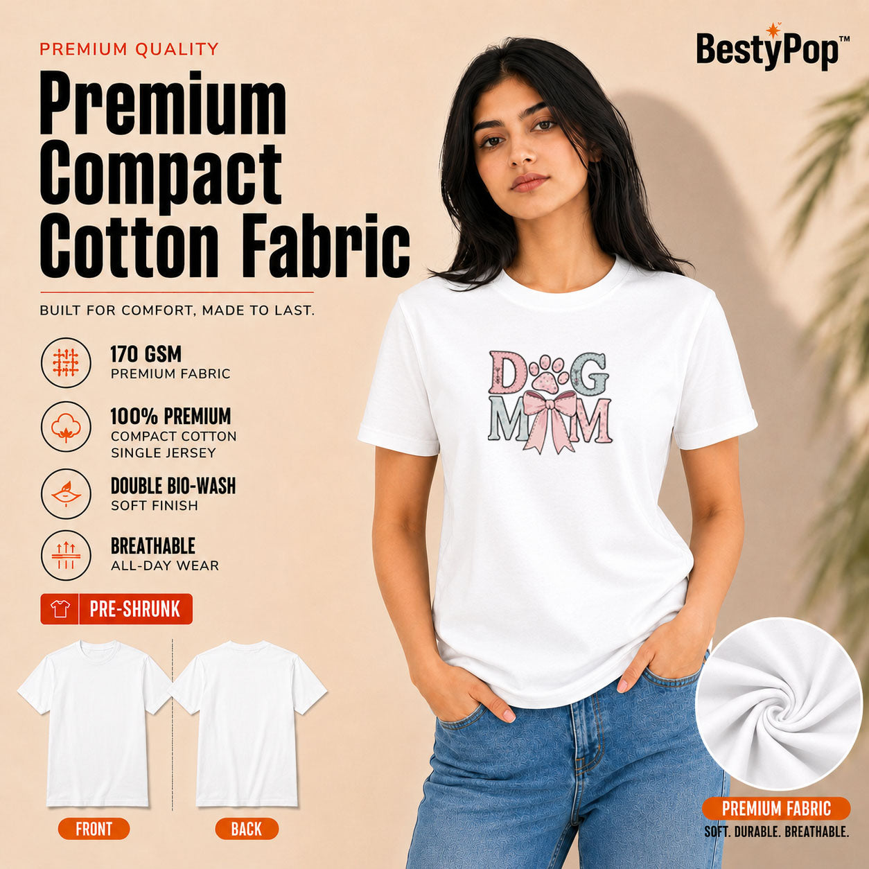 Dog Lover's Round Neck T-Shirts For Women - Dog Mom - (170 GSM) single jersey