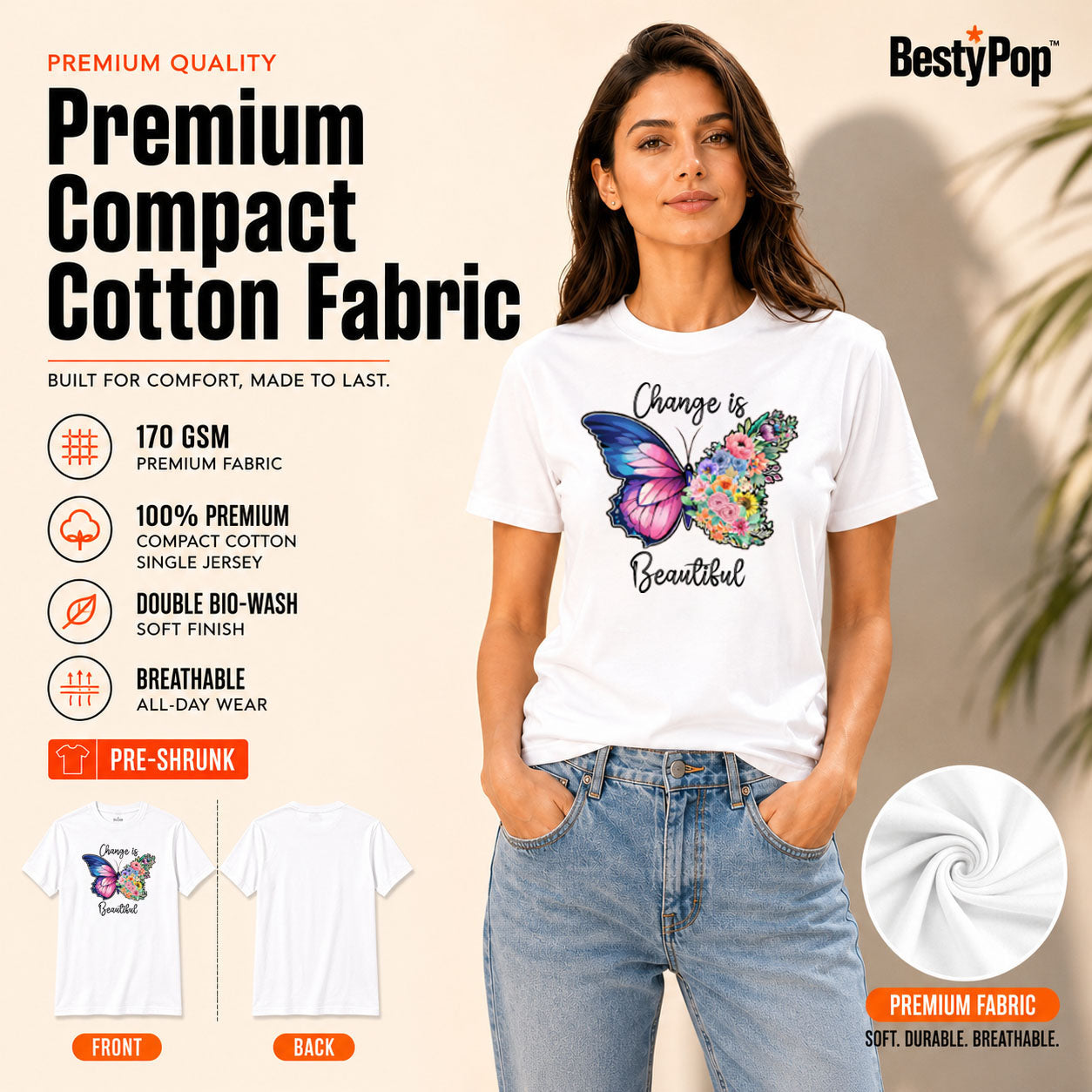 Women's Crew Neck t-shirt - Change is beautiful (170 GSM single jersey)