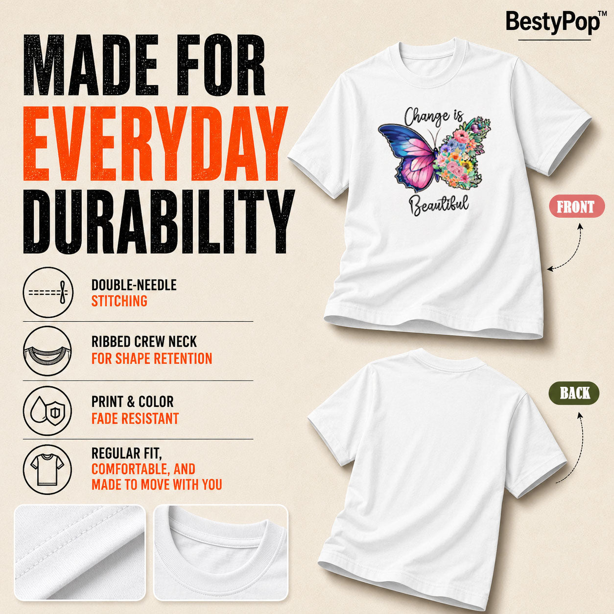 Women's Crew Neck t-shirt - Change is beautiful (170 GSM single jersey)